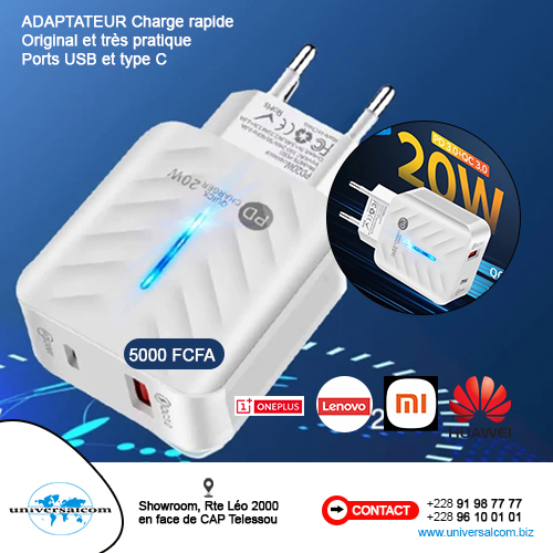 ADAPTATEUR CHARGE RAPIDE QC 3.0 +PD 3.0